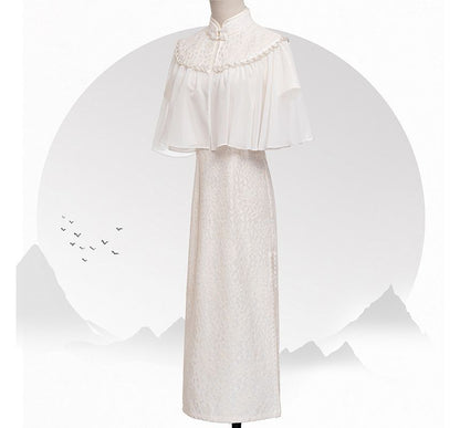 Set: Short-Sleeve Lace Midi Qipao + Faux Pearl Capelet SpreePicky