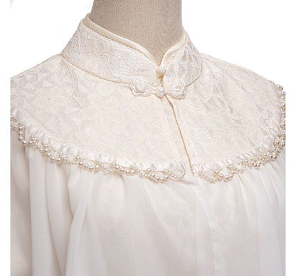 Set: Short-Sleeve Lace Midi Qipao + Faux Pearl Capelet SpreePicky