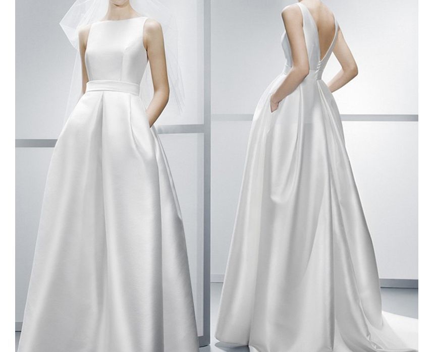 Sleeveless Boat Neck Plain Satin A-Line Wedding Gown SpreePicky