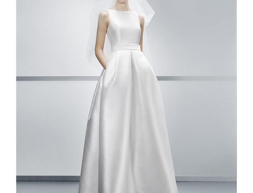 Sleeveless Boat Neck Plain Satin A-Line Wedding Gown SpreePicky