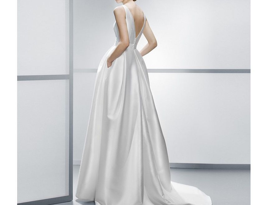 Sleeveless Boat Neck Plain Satin A-Line Wedding Gown SpreePicky