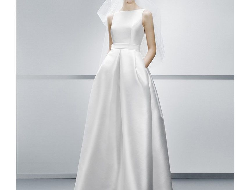 Sleeveless Boat Neck Plain Satin A-Line Wedding Gown SpreePicky