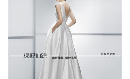 Sleeveless Boat Neck Plain Satin A-Line Wedding Gown SpreePicky