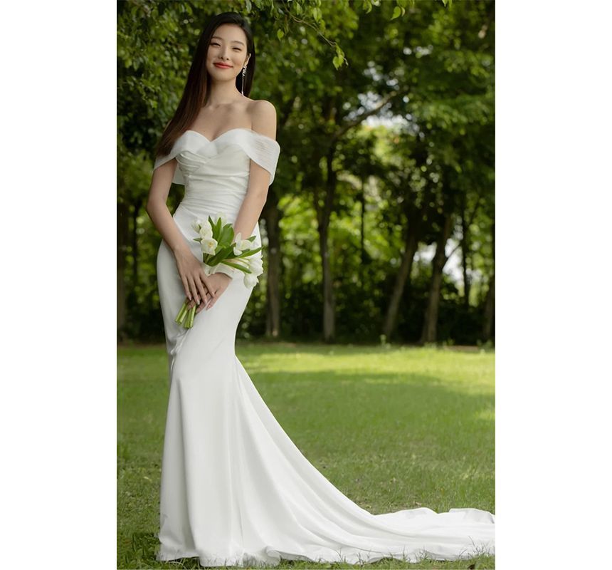 Short-Sleeve Off Shoulder Plain Ruched Mermaid Wedding Gown SpreePicky