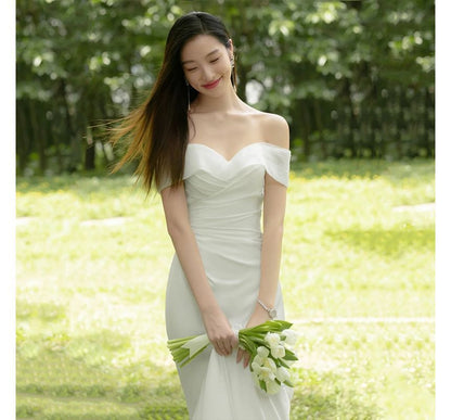 Short-Sleeve Off Shoulder Plain Ruched Mermaid Wedding Gown SpreePicky