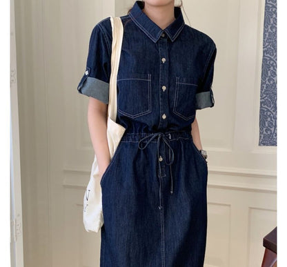 Roll-Sleeve Denim Midi Shirt Dress mySite