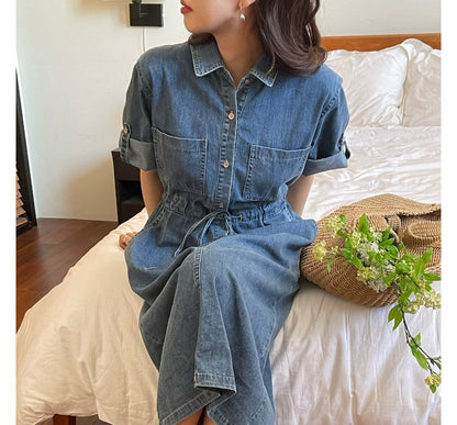 Roll-Sleeve Denim Midi Shirt Dress mySite