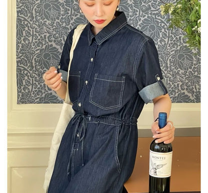 Roll-Sleeve Denim Midi Shirt Dress mySite