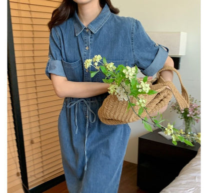 Roll-Sleeve Denim Midi Shirt Dress mySite