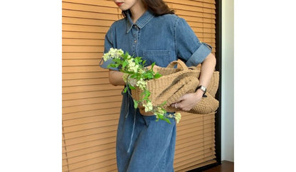 Roll-Sleeve Denim Midi Shirt Dress mySite