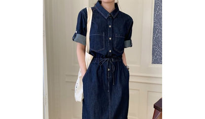 Roll-Sleeve Denim Midi Shirt Dress mySite