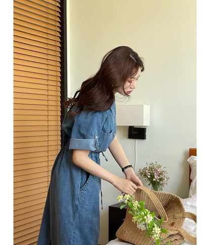 Roll-Sleeve Denim Midi Shirt Dress mySite