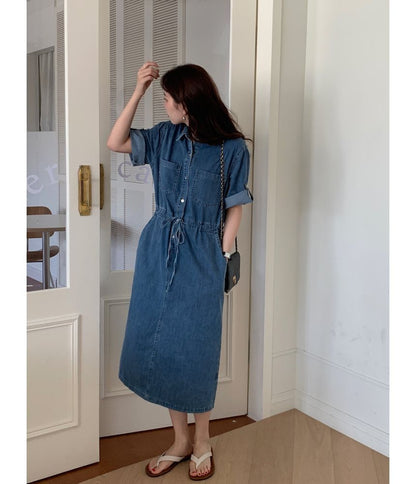 Roll-Sleeve Denim Midi Shirt Dress mySite