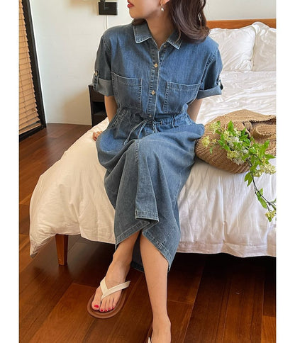 Roll-Sleeve Denim Midi Shirt Dress mySite