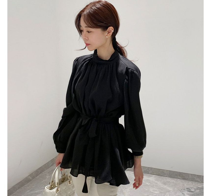 Puff-Sleeve Plain Tie-Front Shirred Blouse SpreePicky