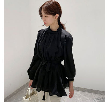 Puff-Sleeve Plain Tie-Front Shirred Blouse SpreePicky