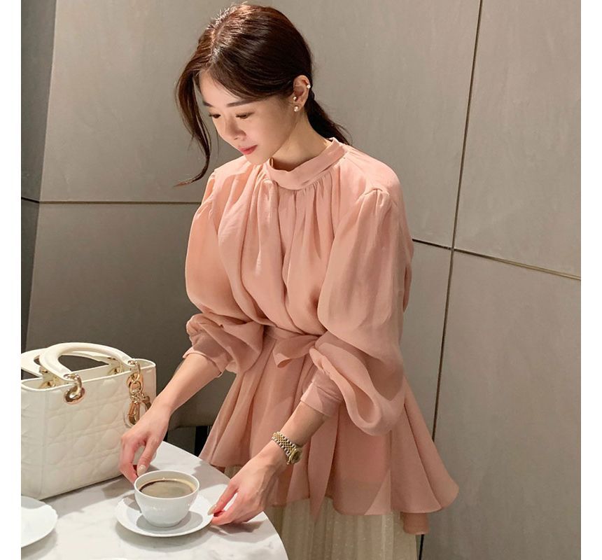 Puff-Sleeve Plain Tie-Front Shirred Blouse SpreePicky