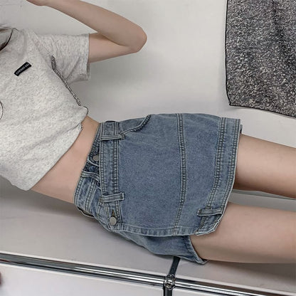 High Waist Washed Asymmetrical Denim Skort SpreePicky