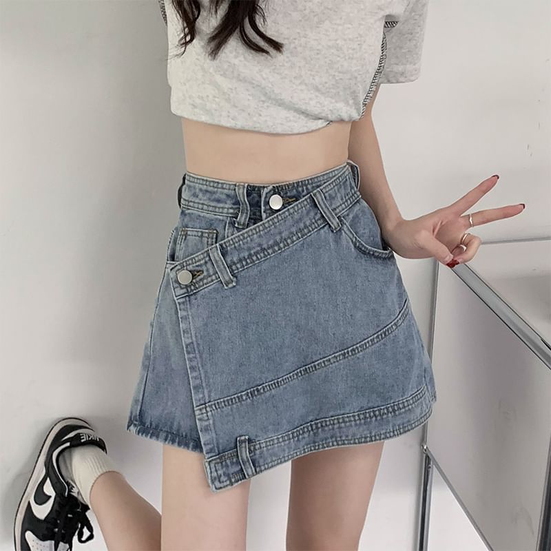 High Waist Washed Asymmetrical Denim Skort SpreePicky