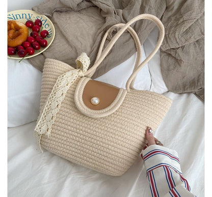 Faux Pearl Buttoned Woven Tote Bag SpreePicky