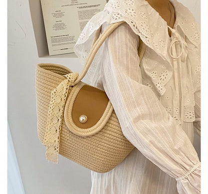 Faux Pearl Buttoned Woven Tote Bag SpreePicky