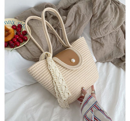 Faux Pearl Buttoned Woven Tote Bag SpreePicky