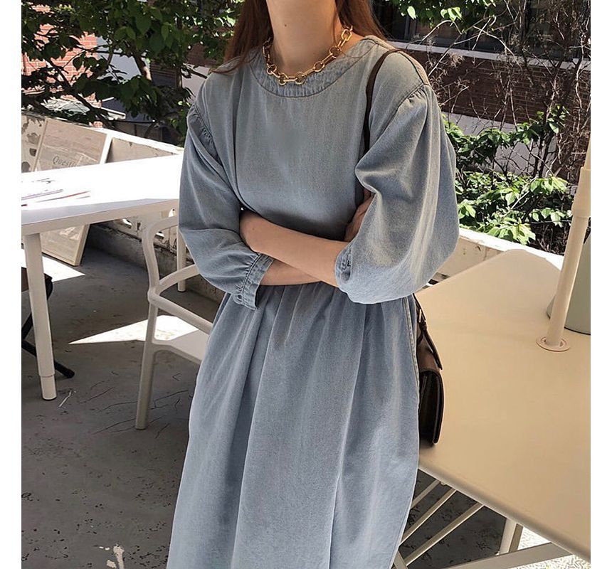 3/4-Sleeve Round Neck Plain Washed Denim Midi Dress SpreePicky