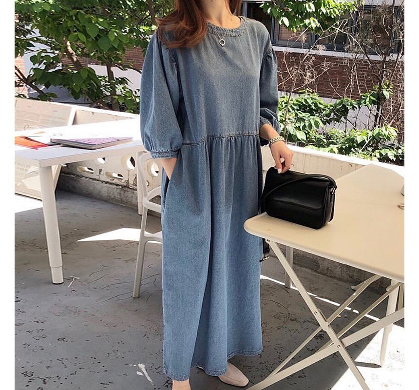 3/4-Sleeve Round Neck Plain Washed Denim Midi Dress SpreePicky