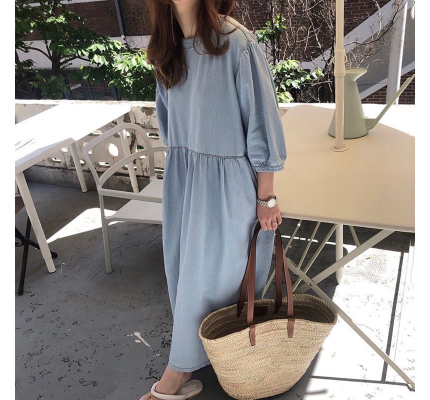 3/4-Sleeve Round Neck Plain Washed Denim Midi Dress SpreePicky