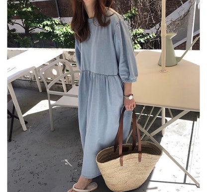 3/4-Sleeve Round Neck Plain Washed Denim Midi Dress SpreePicky