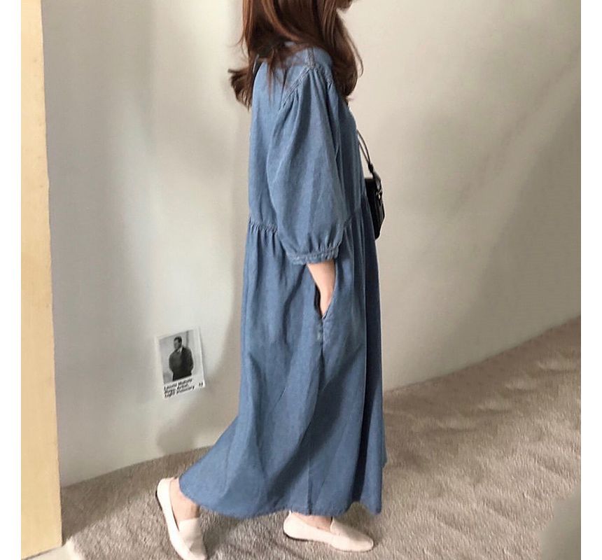 3/4-Sleeve Round Neck Plain Washed Denim Midi Dress SpreePicky