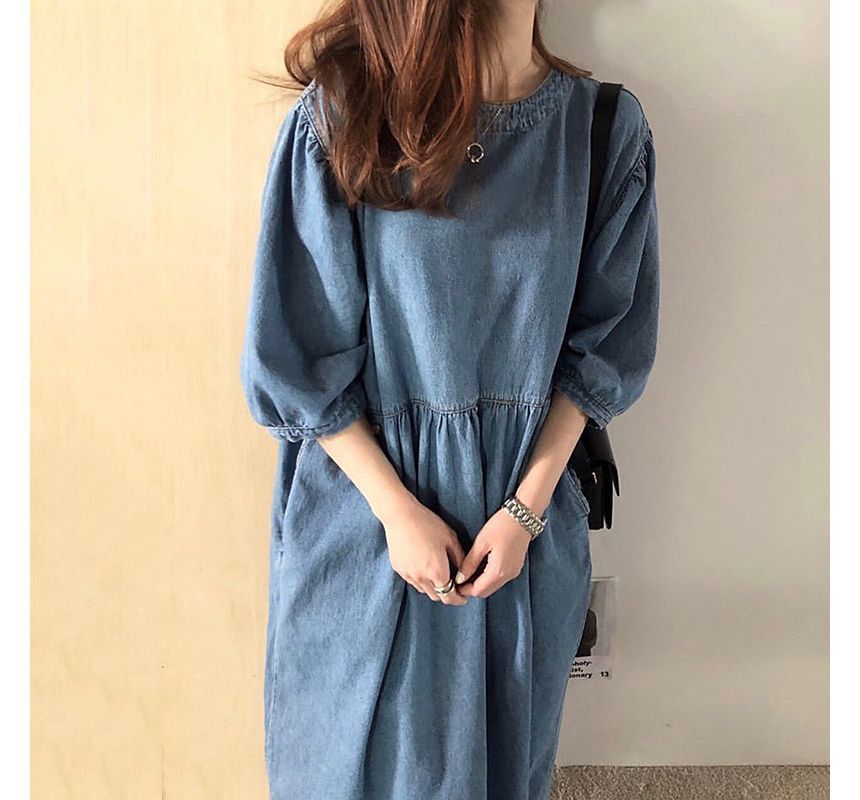 3/4-Sleeve Round Neck Plain Washed Denim Midi Dress SpreePicky