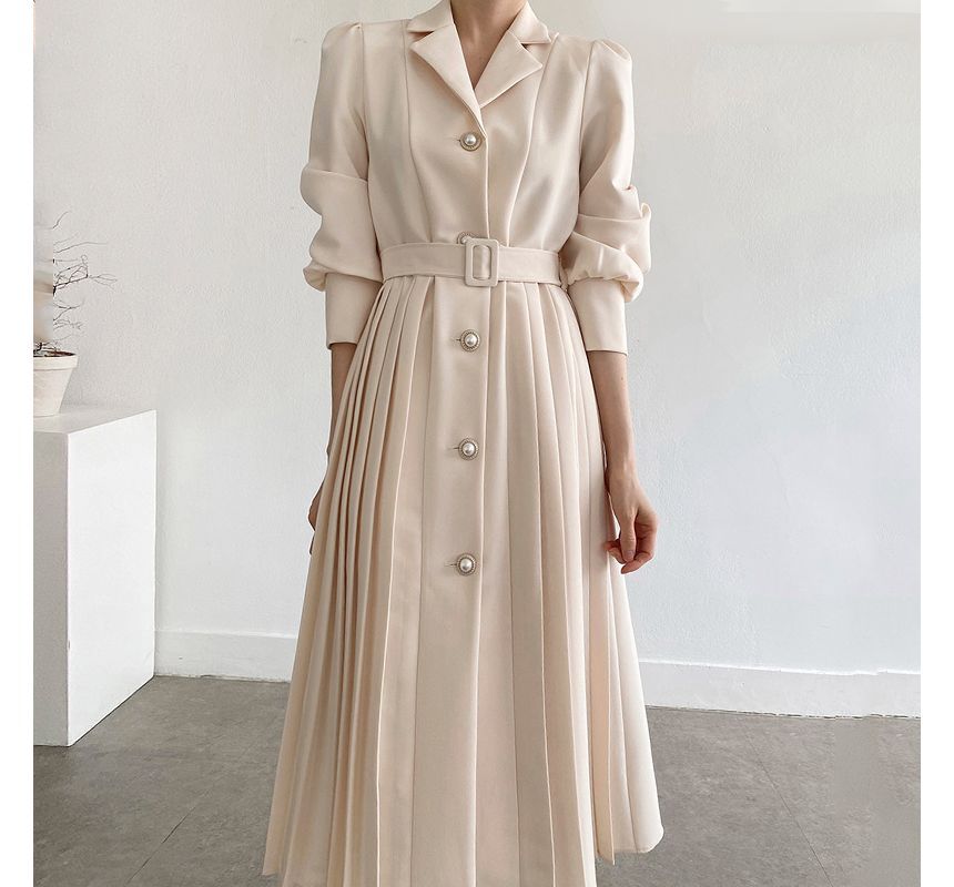 Long-Sleeve Notch Lapel Faux Pearl Button Pleated Midi A-Line Dress SpreePicky