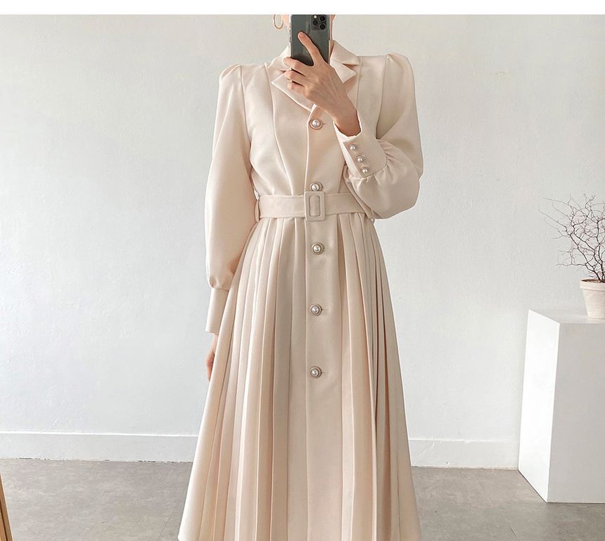 Long-Sleeve Notch Lapel Faux Pearl Button Pleated Midi A-Line Dress SpreePicky