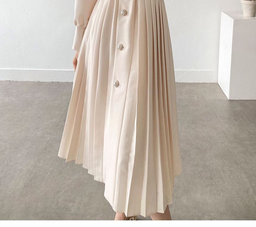 Long-Sleeve Notch Lapel Faux Pearl Button Pleated Midi A-Line Dress SpreePicky