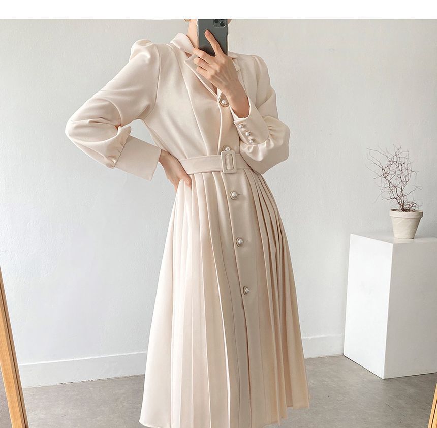 Long-Sleeve Notch Lapel Faux Pearl Button Pleated Midi A-Line Dress SpreePicky