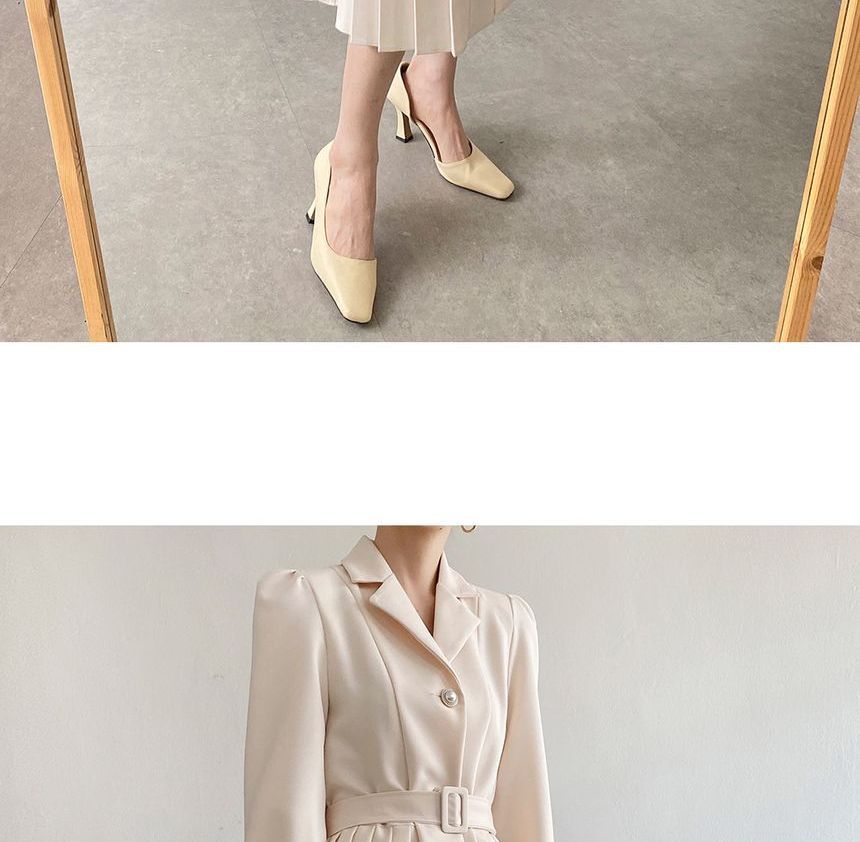 Long-Sleeve Notch Lapel Faux Pearl Button Pleated Midi A-Line Dress SpreePicky