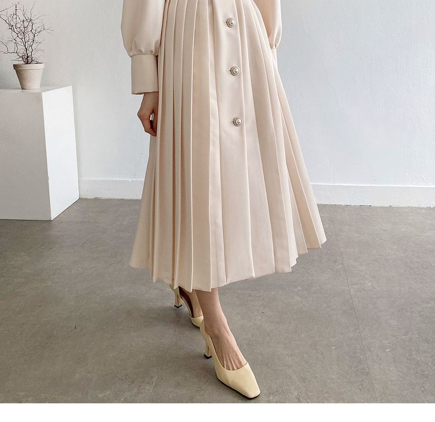 Long-Sleeve Notch Lapel Faux Pearl Button Pleated Midi A-Line Dress SpreePicky