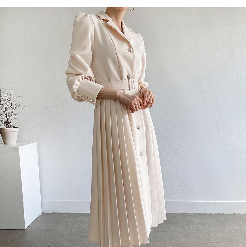 Long-Sleeve Notch Lapel Faux Pearl Button Pleated Midi A-Line Dress SpreePicky