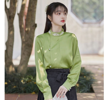 Long-Sleeve Stand Collar Embroidered Blouse / Tie-Waist Pleated Maxi A-Line Skirt SpreePicky