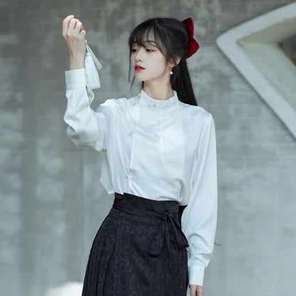 Long-Sleeve Stand Collar Embroidered Blouse / Tie-Waist Pleated Maxi A-Line Skirt SpreePicky