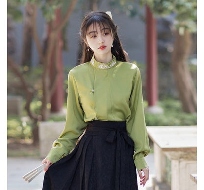 Long-Sleeve Stand Collar Embroidered Blouse / Tie-Waist Pleated Maxi A-Line Skirt SpreePicky