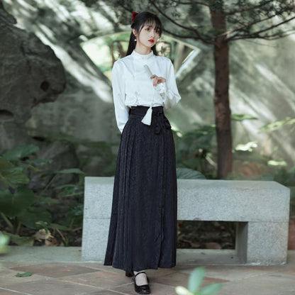 Long-Sleeve Stand Collar Embroidered Blouse / Tie-Waist Pleated Maxi A-Line Skirt SpreePicky