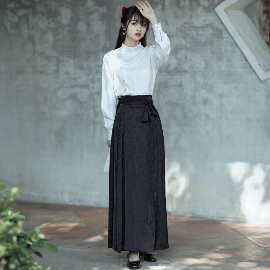 Long-Sleeve Stand Collar Embroidered Blouse / Tie-Waist Pleated Maxi A-Line Skirt SpreePicky