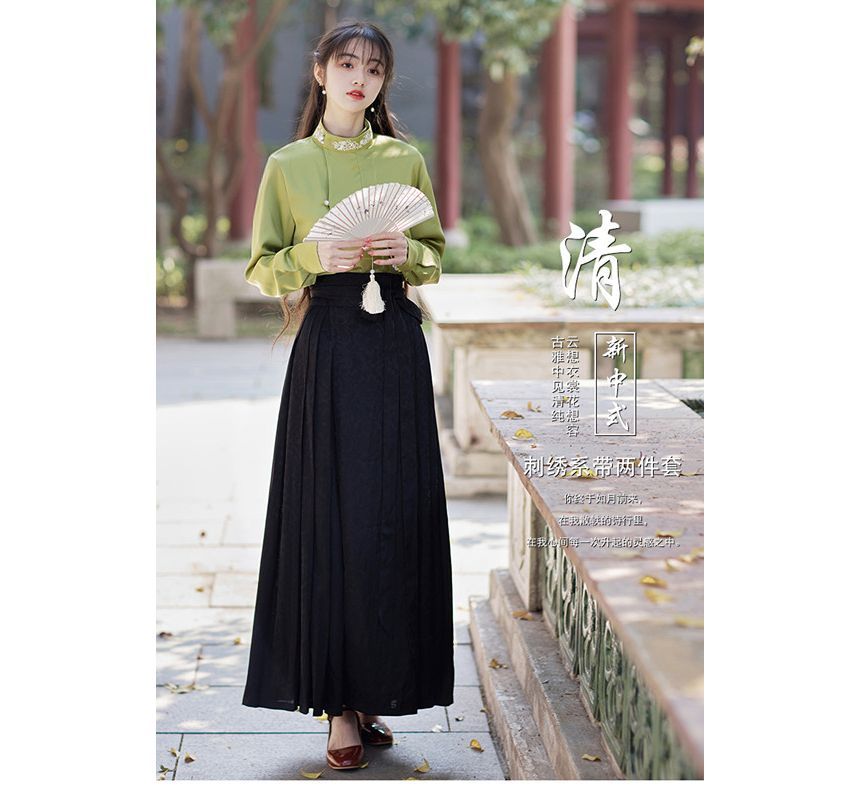 Long-Sleeve Stand Collar Embroidered Blouse / Tie-Waist Pleated Maxi A-Line Skirt SpreePicky