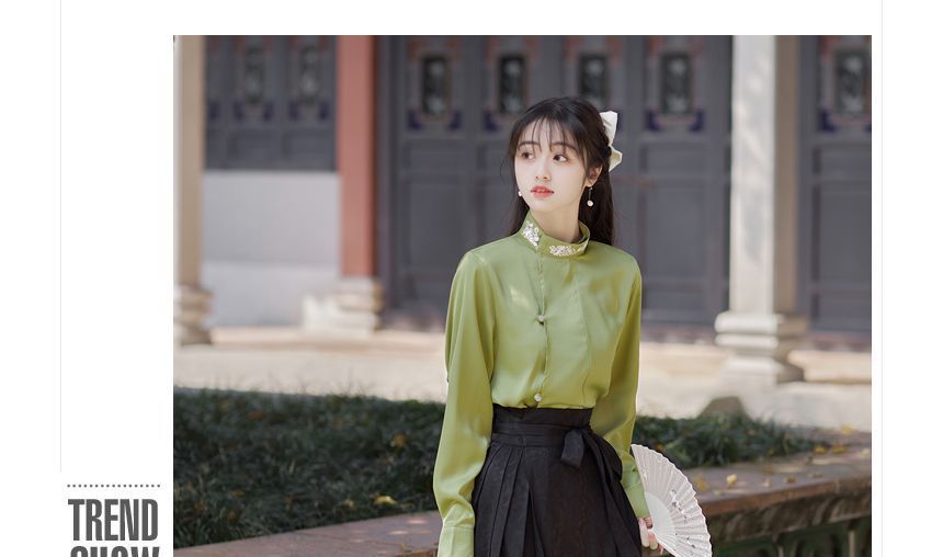 Long-Sleeve Stand Collar Embroidered Blouse / Tie-Waist Pleated Maxi A-Line Skirt SpreePicky