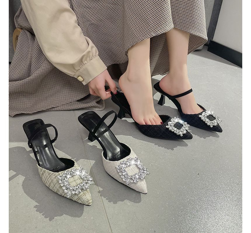 Pointed Rhinestone Kitten Heel Sandals SpreePicky