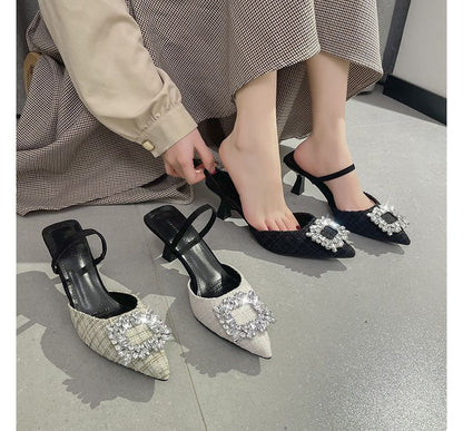 Pointed Rhinestone Kitten Heel Sandals SpreePicky