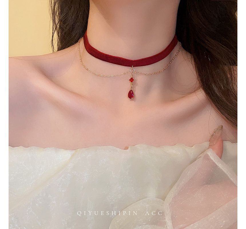 Faux Crystal Pendant Layered Velvet Choker SpreePicky