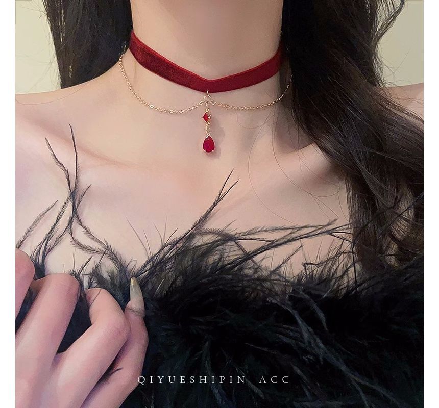 Faux Crystal Pendant Layered Velvet Choker SpreePicky